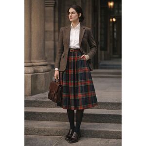 Preppy Boys Vintage Plaid Schoolgirl Midi Skirt Pleated 7/8 Preppy Accademia